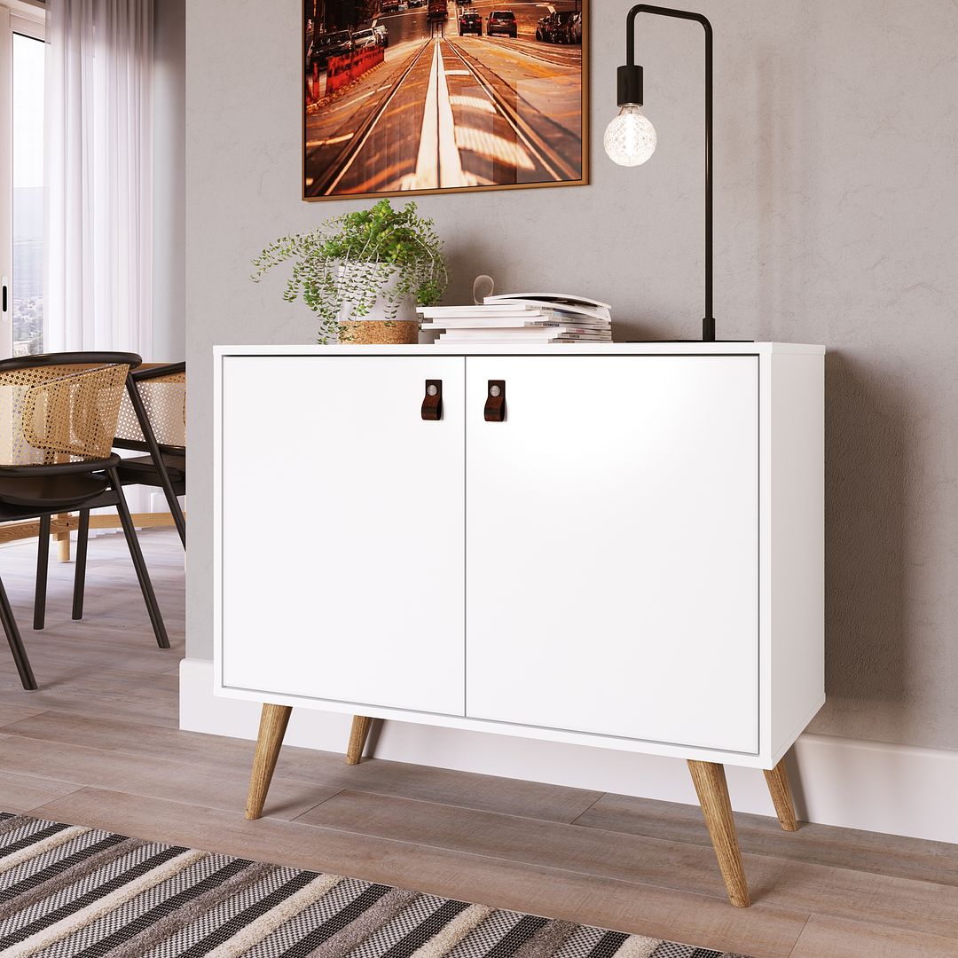 Manhattan Comfort Amber Accent Cabinet With Faux Leather Handles In White