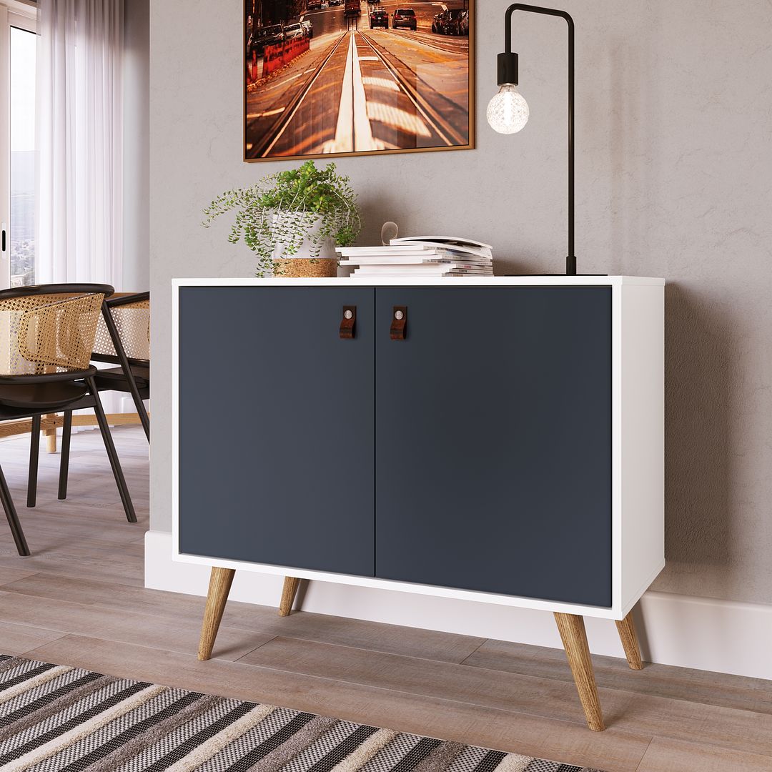 Manhattan Comfort Amber Accent Cabinet With Faux Leather Handles In White & Blue