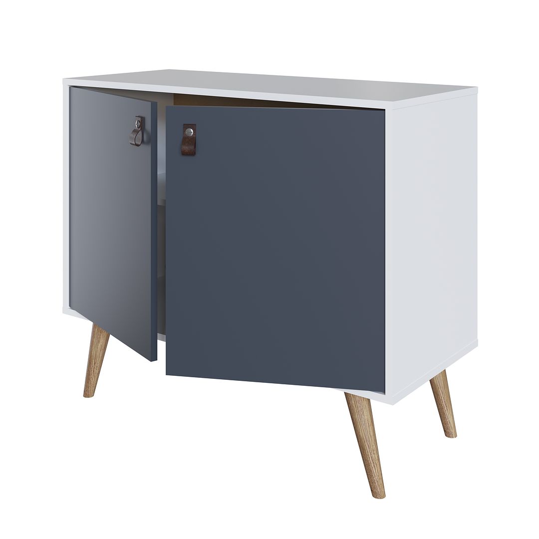 Manhattan Comfort Amber Accent Cabinet With Faux Leather Handles In White & Blue