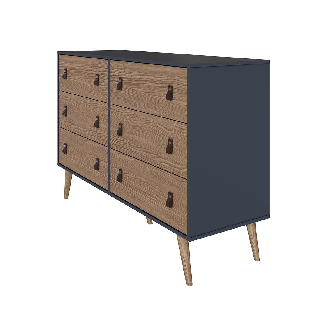 Manhattan Comfort Amber Double Dresser With Faux Leather Handles In Blue & Nature