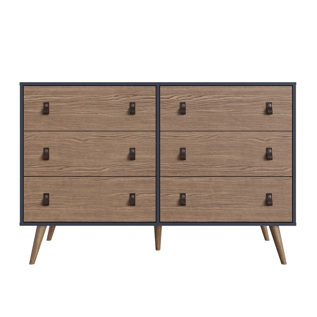 Manhattan Comfort Amber Double Dresser With Faux Leather Handles In Blue & Nature