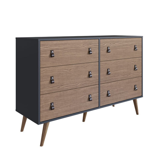 Manhattan Comfort Amber Double Dresser With Faux Leather Handles In Blue & Nature