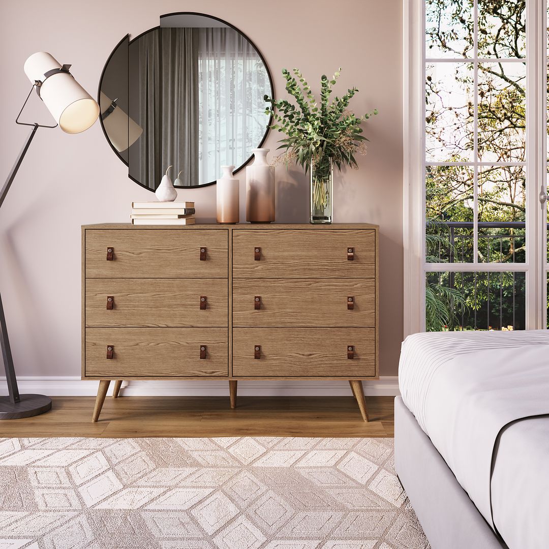Manhattan Comfort Amber Double Dresser With Faux Leather Handles In Nature