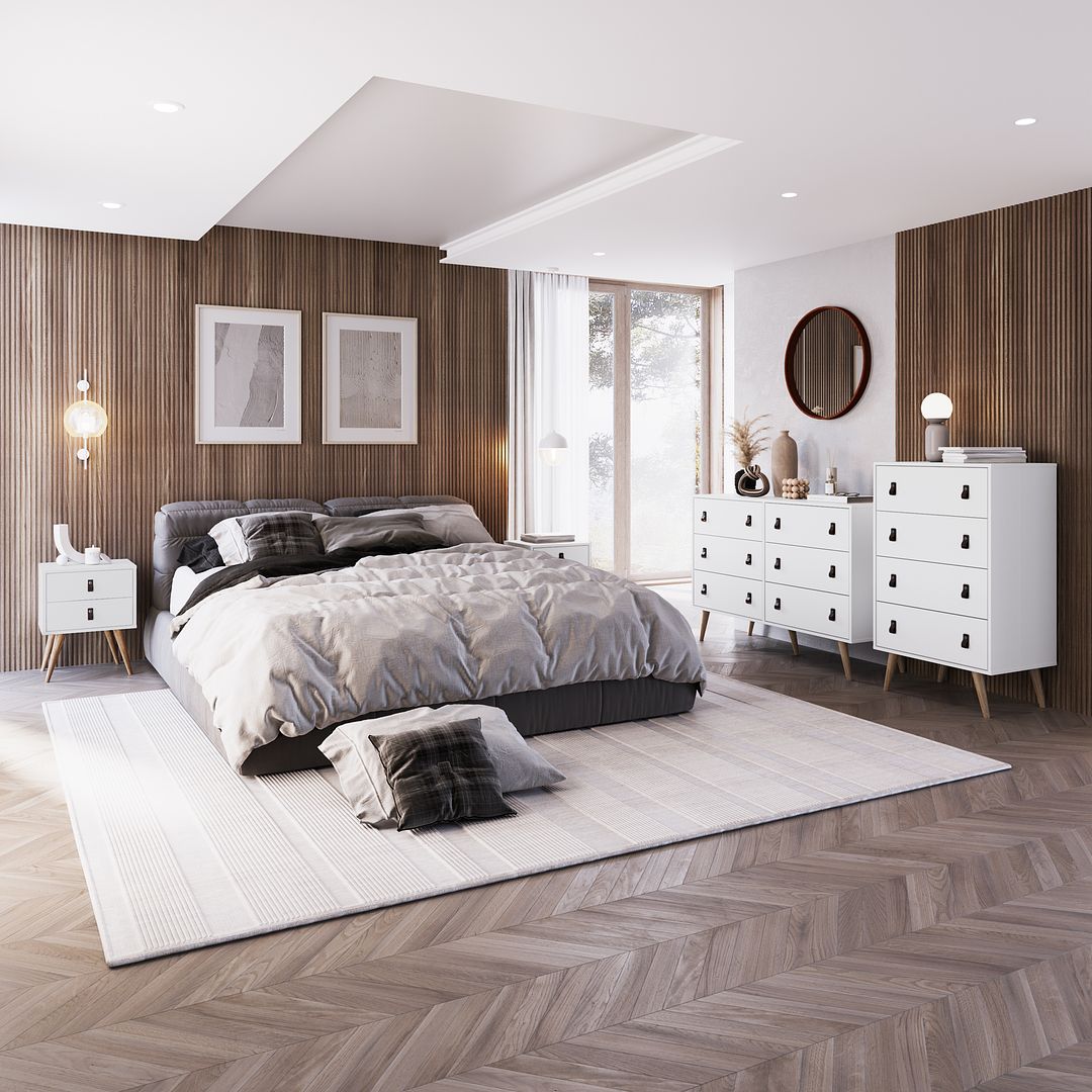 Manhattan Comfort Amber Double Dresser With Faux Leather Handles In White