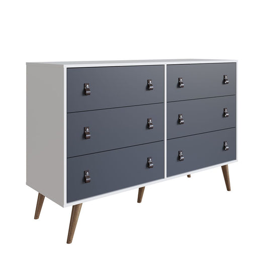 Manhattan Comfort Amber Double Dresser With Faux Leather Handles In White & Blue