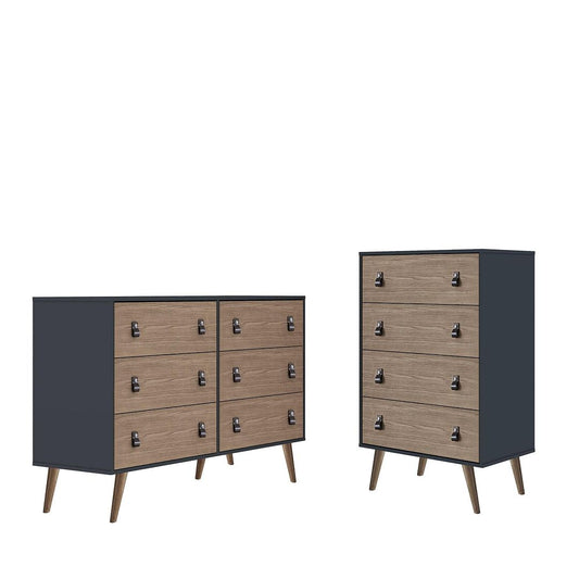 Manhattan Comfort Amber Matte Blue & Nature Double Wide & Tall Cabinet In A Set Of 2