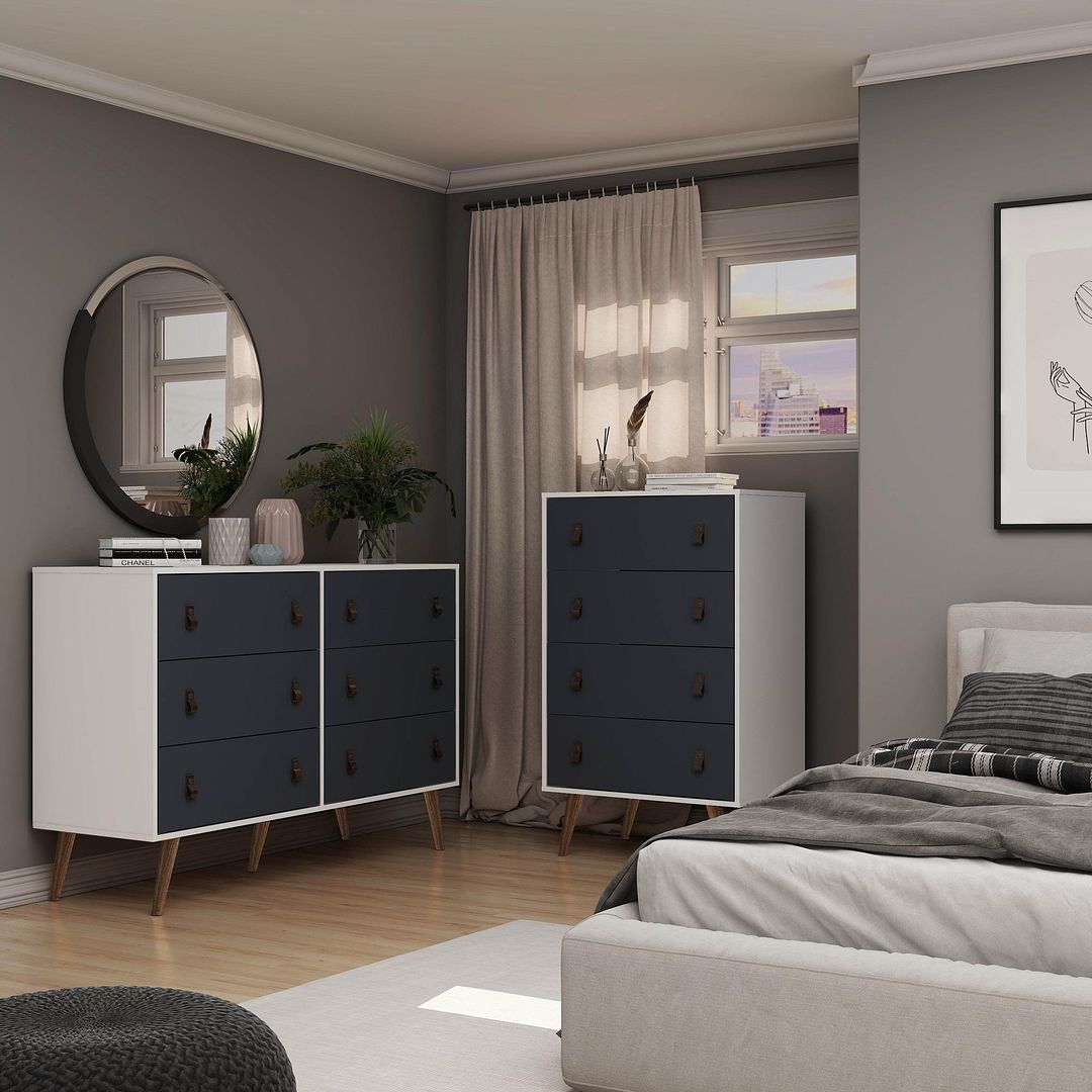 Manhattan Comfort Amber Matte White & Blue Double Wide & Tall Cabinet In A Set Of 2