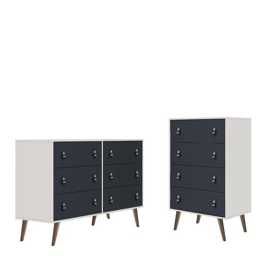 Manhattan Comfort Amber Matte White & Blue Double Wide & Tall Cabinet In A Set Of 2