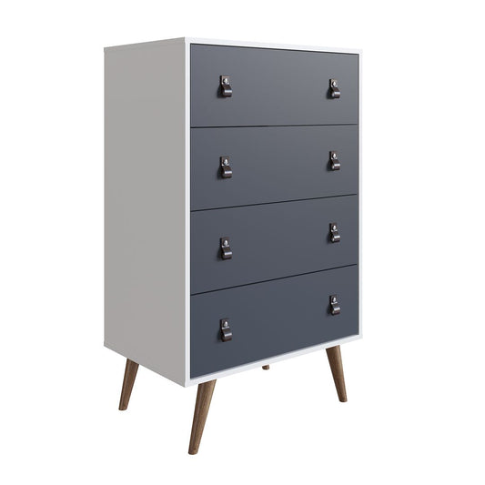 Manhattan Comfort Amber Tall Dresser With Faux Leather Handles In White & Blue