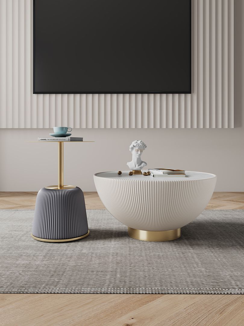 Manhattan Comfort Anderson 2-Piece Upholstered Coffee & End Table 1.0 In Cream & Gray Leatherette With Ceramic Faux Tabletop