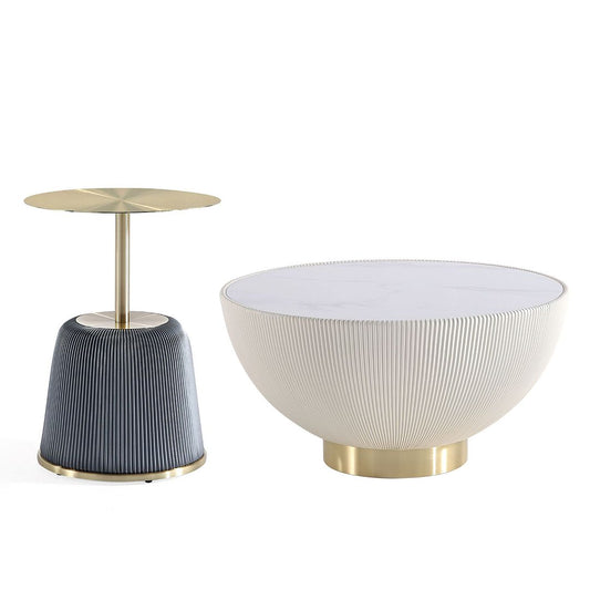 Manhattan Comfort Anderson 2-Piece Upholstered Coffee & End Table 1.0 In Cream & Gray Leatherette With Ceramic Faux Tabletop