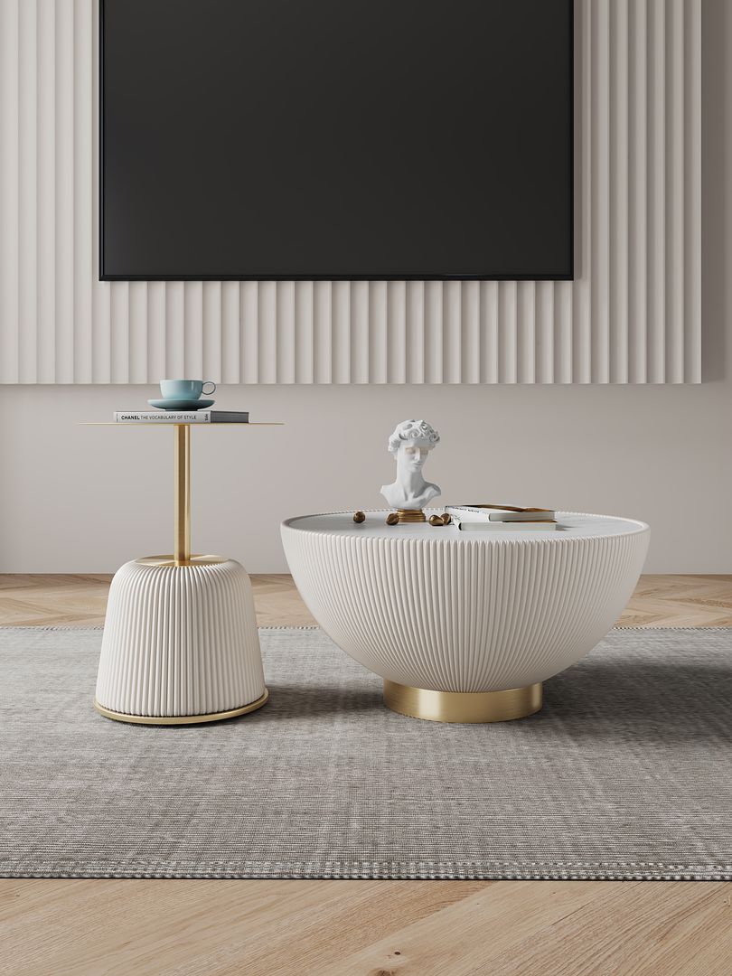 Manhattan Comfort Anderson 2-Piece Upholstered Coffee & End Table 1.0 In Cream Leatherette With Ceramic Faux Tabletop