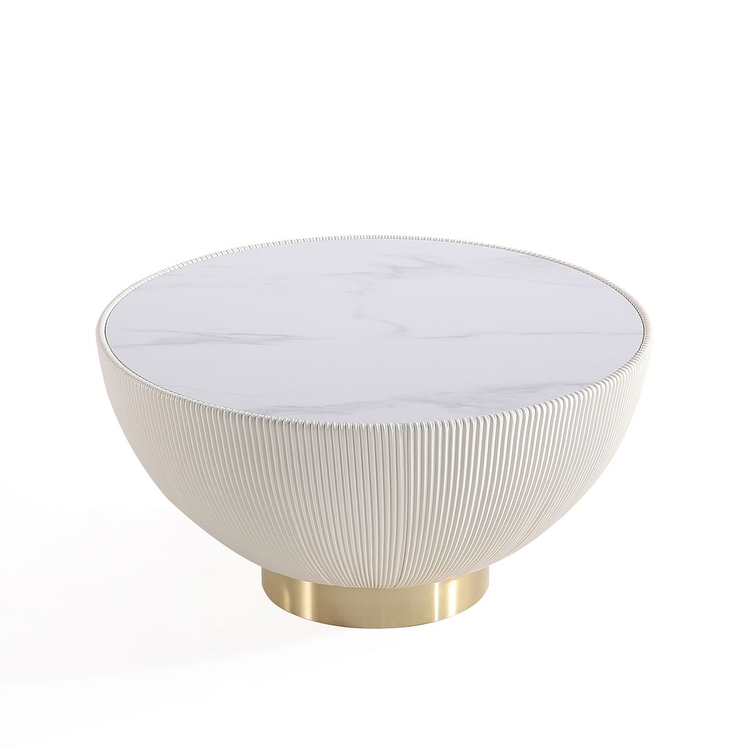 Manhattan Comfort Anderson 2-Piece Upholstered Coffee & End Table 1.0 In Cream Leatherette With Ceramic Faux Tabletop
