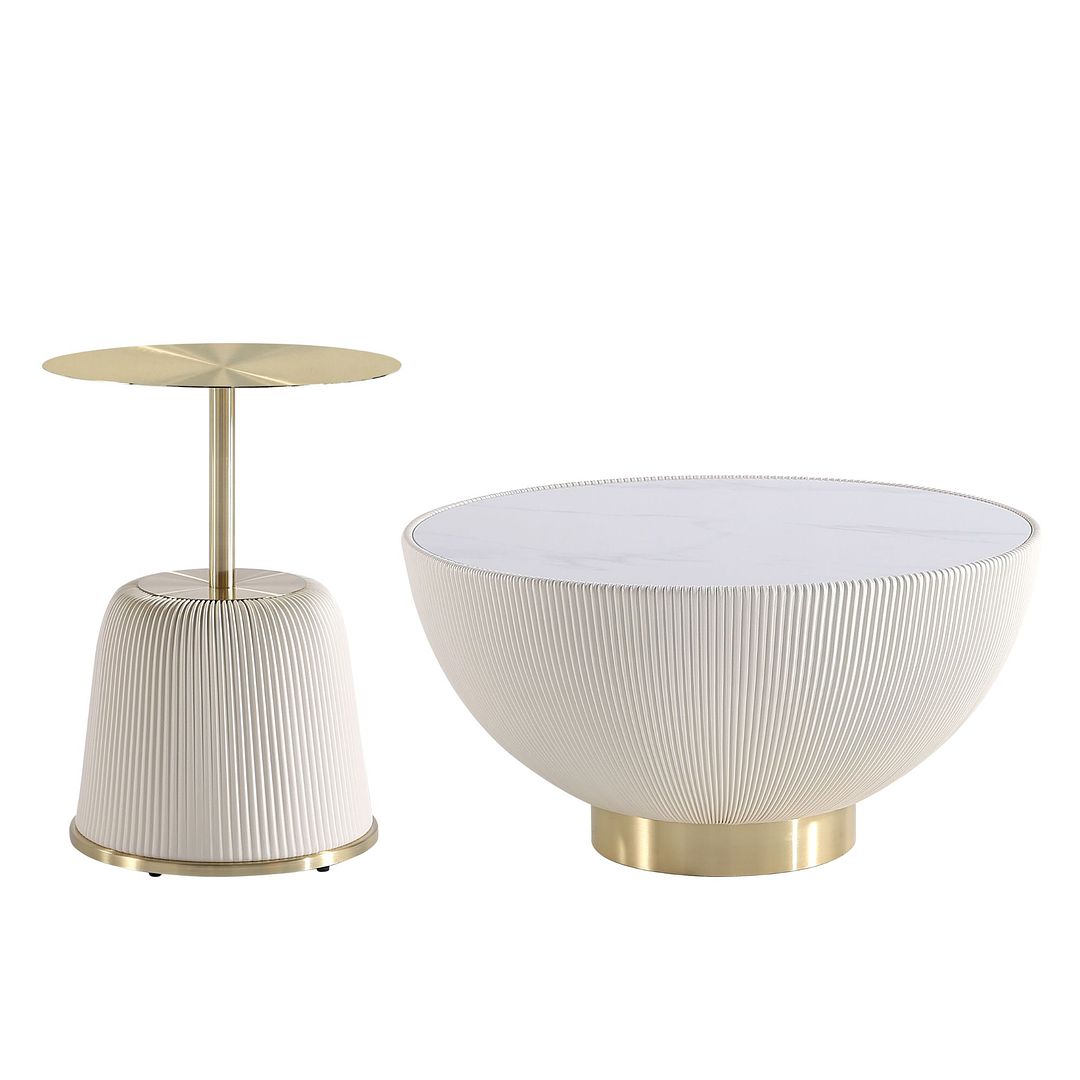 Manhattan Comfort Anderson 2-Piece Upholstered Coffee & End Table 1.0 In Cream Leatherette With Ceramic Faux Tabletop