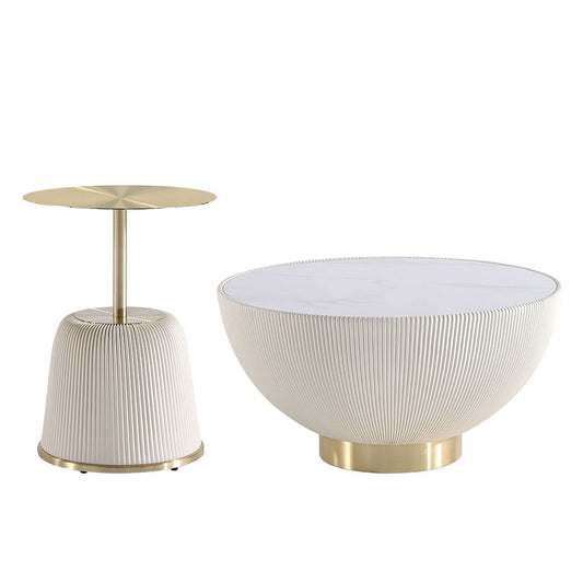 Manhattan Comfort Anderson 2-Piece Upholstered Coffee & End Table 1.0 In Cream Leatherette With Ceramic Faux Tabletop
