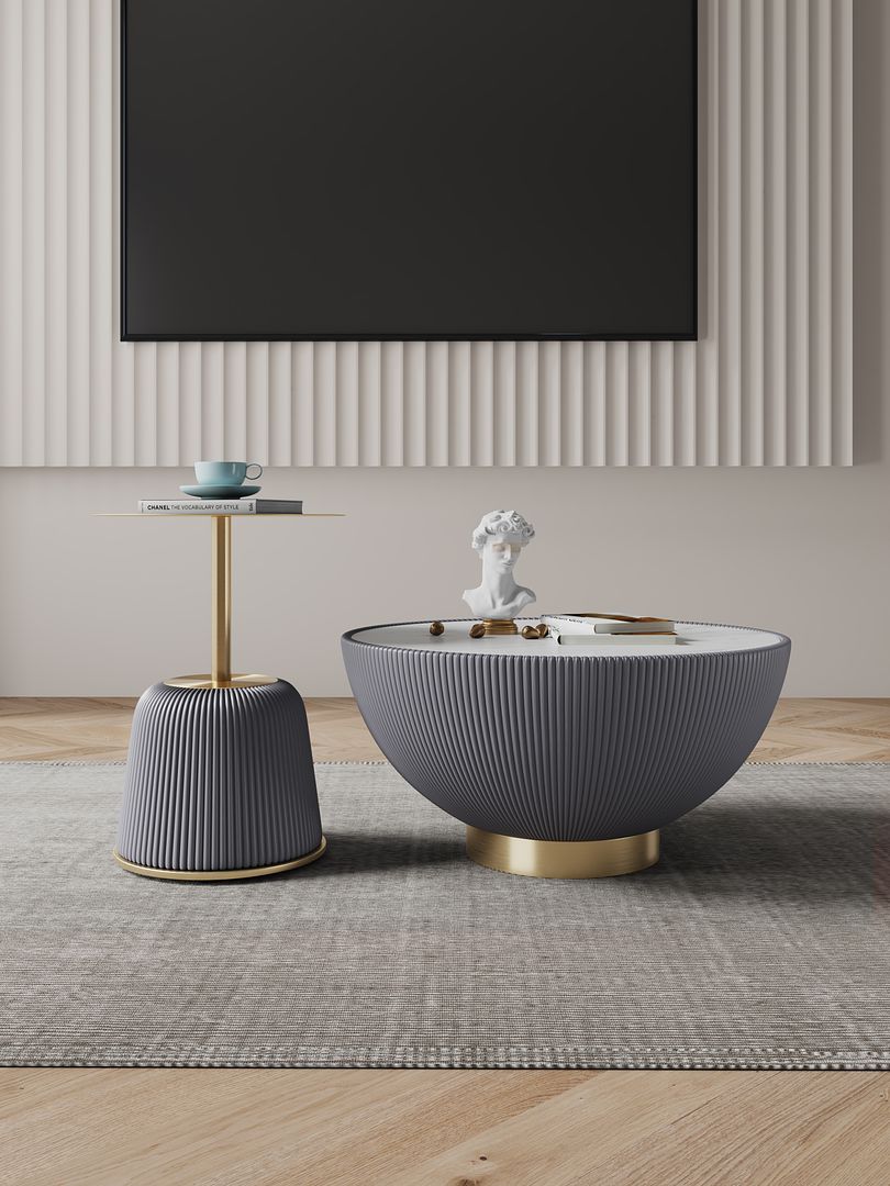 Manhattan Comfort Anderson 2-Piece Upholstered Coffee & End Table 1.0 In Gray Leatherette With Ceramic Faux Tabletop