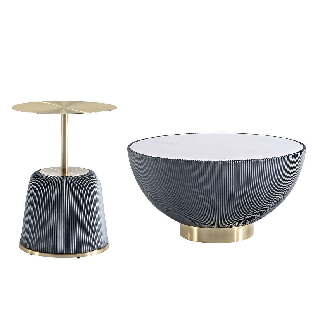 Manhattan Comfort Anderson 2-Piece Upholstered Coffee & End Table 1.0 In Gray Leatherette With Ceramic Faux Tabletop