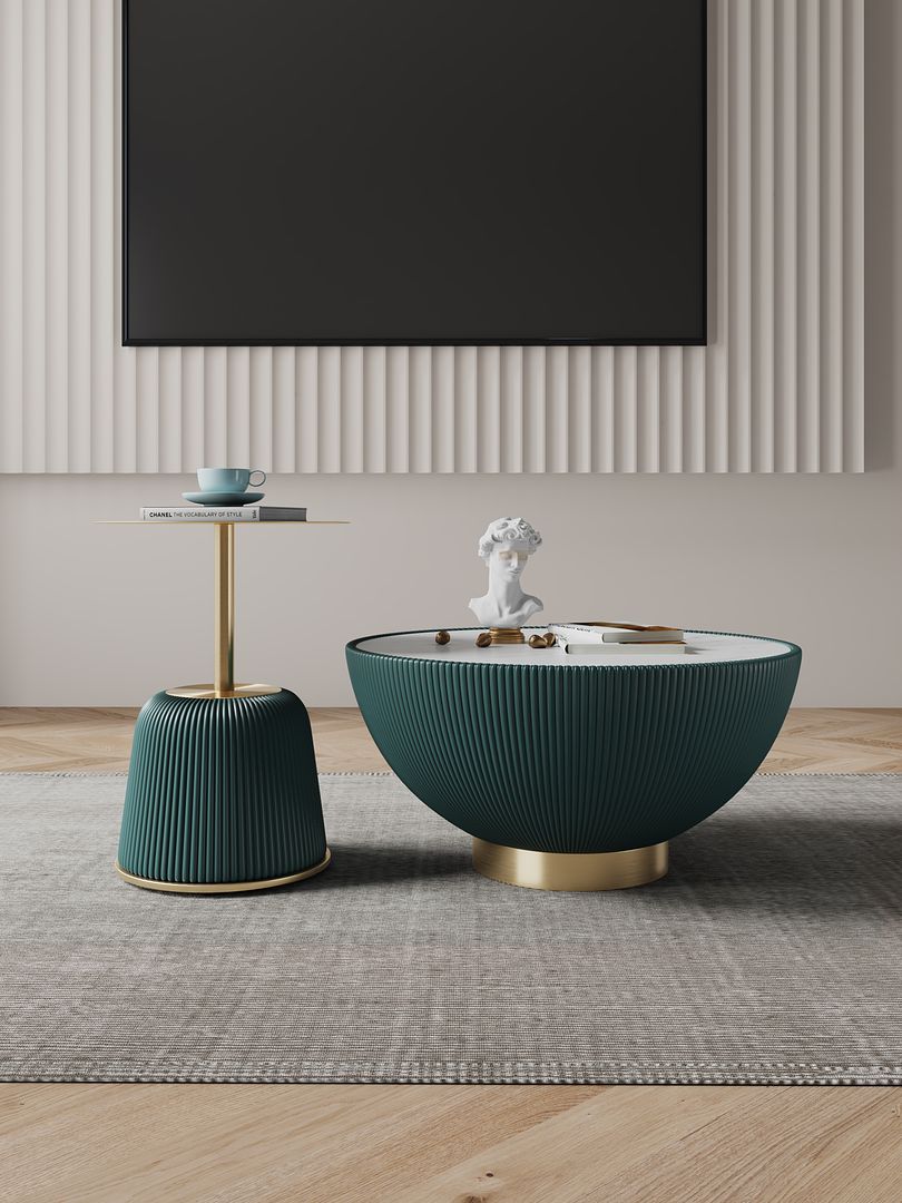 Manhattan Comfort Anderson 2-Piece Upholstered Coffee & End Table 1.0 In Green Leatherette With Ceramic Faux Tabletop