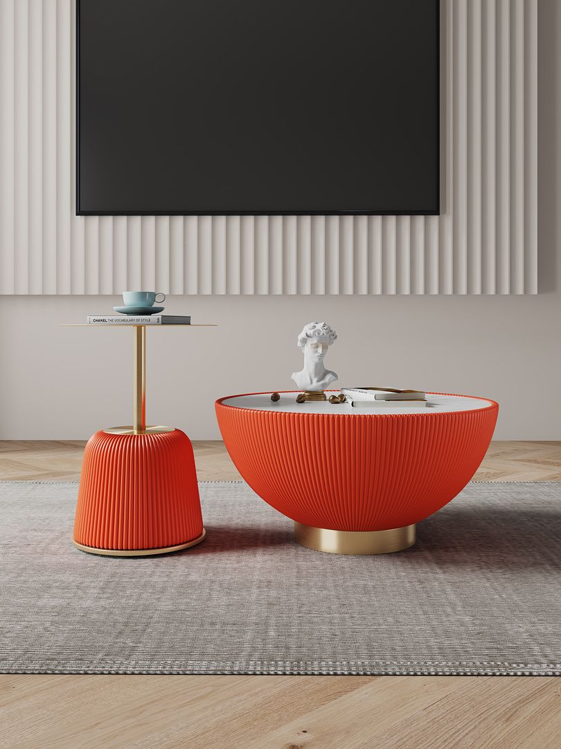 Manhattan Comfort Anderson 2-Piece Upholstered Coffee & End Table 1.0 In Orange Leatherette With Ceramic Faux Tabletop