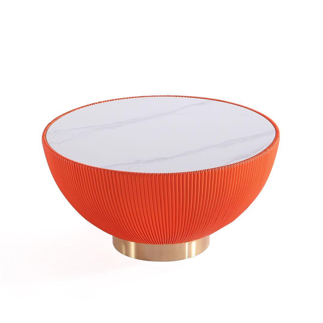 Manhattan Comfort Anderson 2-Piece Upholstered Coffee & End Table 1.0 In Orange Leatherette With Ceramic Faux Tabletop