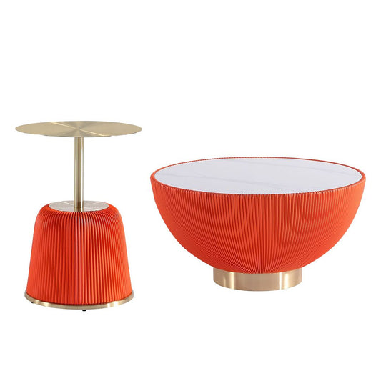 Manhattan Comfort Anderson 2-Piece Upholstered Coffee & End Table 1.0 In Orange Leatherette With Ceramic Faux Tabletop
