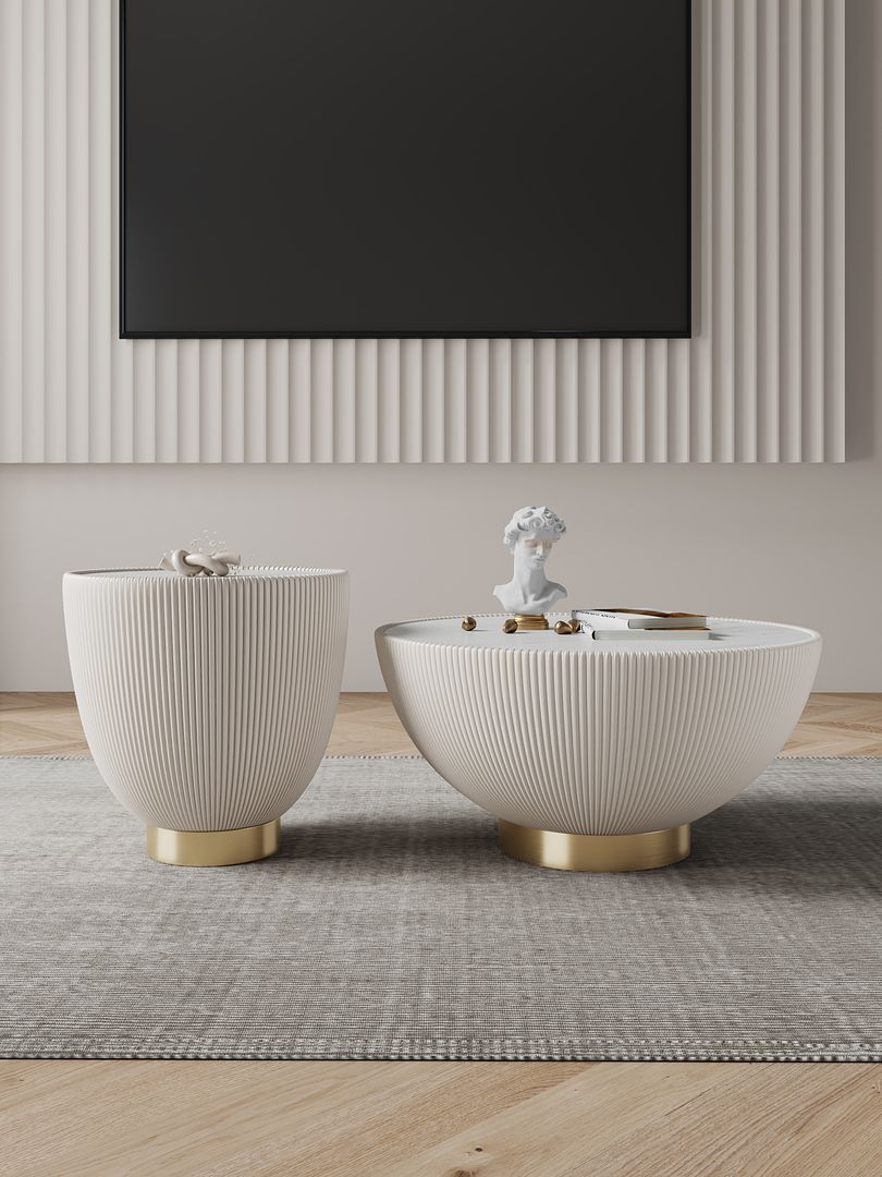 Manhattan Comfort Anderson 2-Piece Upholstered Coffee & End Table 2.0 In Cream Leatherette With Ceramic Faux Tabletop