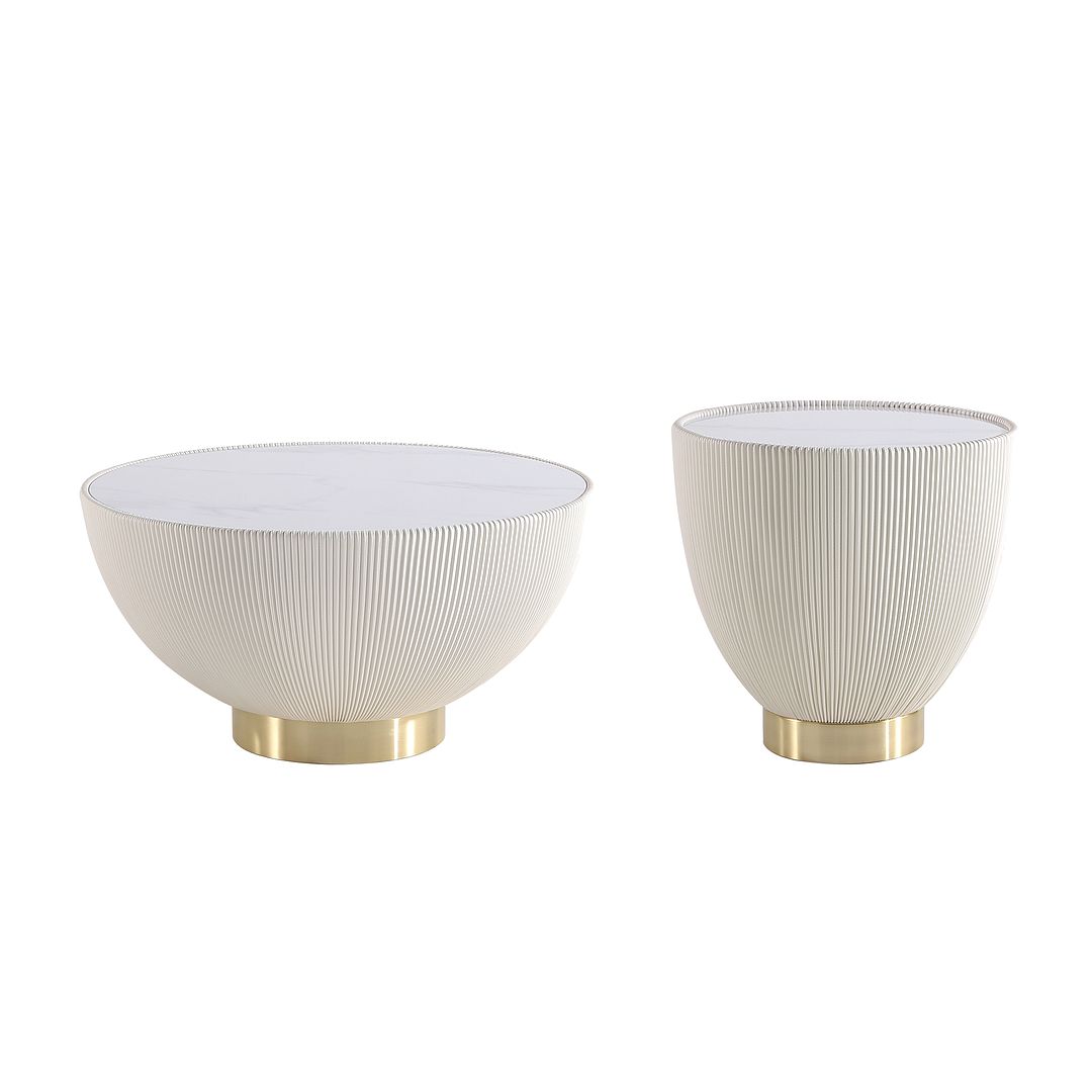 Manhattan Comfort Anderson 2-Piece Upholstered Coffee & End Table 2.0 In Cream Leatherette With Ceramic Faux Tabletop