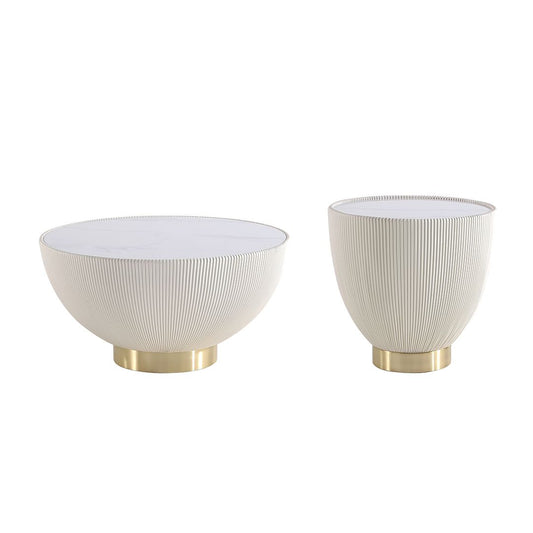 Manhattan Comfort Anderson 2-Piece Upholstered Coffee & End Table 2.0 In Cream Leatherette With Ceramic Faux Tabletop