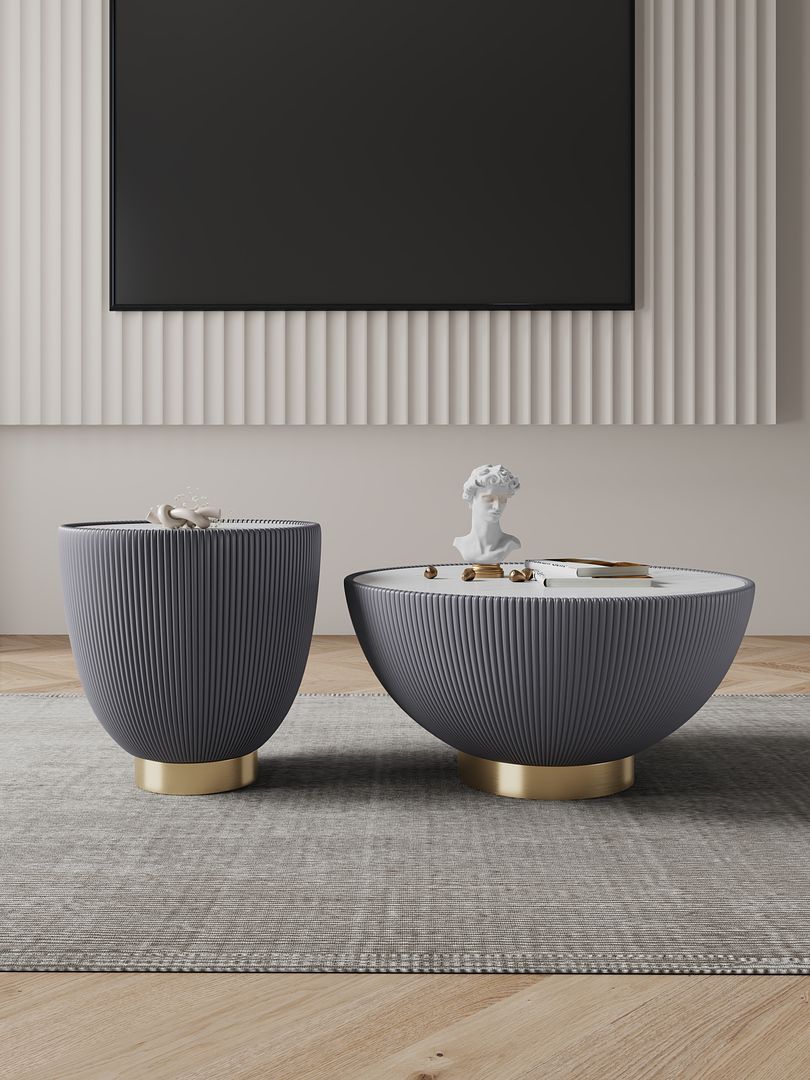 Manhattan Comfort Anderson 2-Piece Upholstered Coffee & End Table 2.0 In Gray Leatherette With Ceramic Faux Tabletop