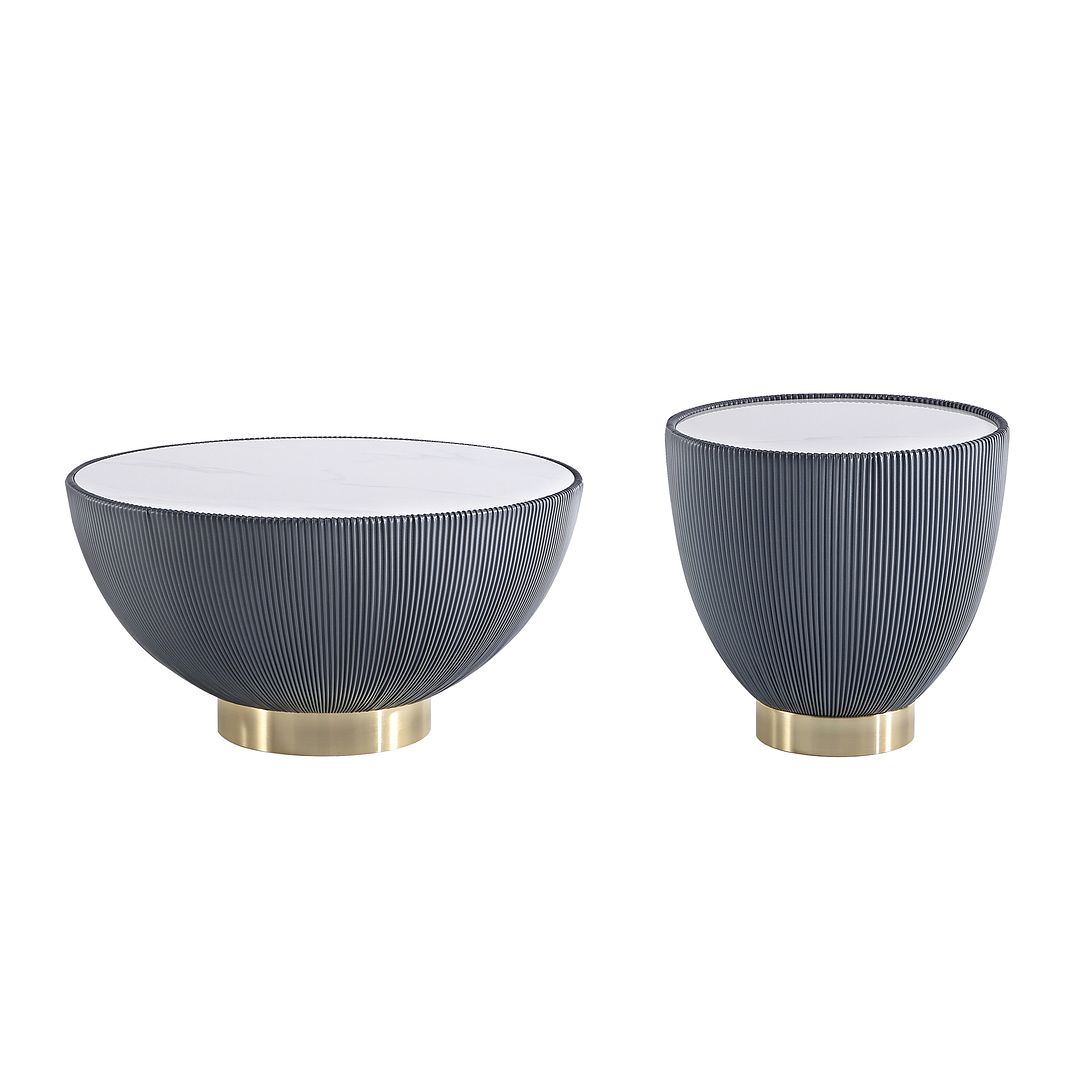 Manhattan Comfort Anderson 2-Piece Upholstered Coffee & End Table 2.0 In Gray Leatherette With Ceramic Faux Tabletop