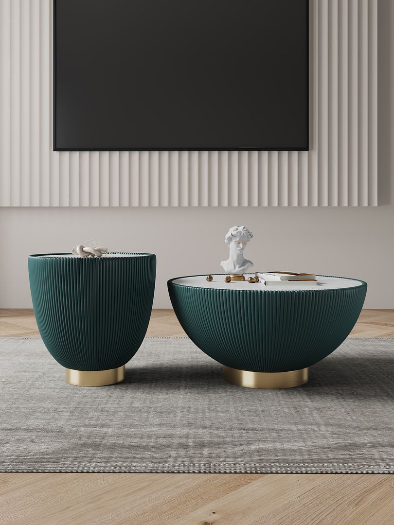 Manhattan Comfort Anderson 2-Piece Upholstered Coffee & End Table 2.0 In Green Leatherette With Ceramic Faux Tabletop