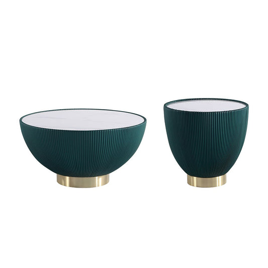 Manhattan Comfort Anderson 2-Piece Upholstered Coffee & End Table 2.0 In Green Leatherette With Ceramic Faux Tabletop