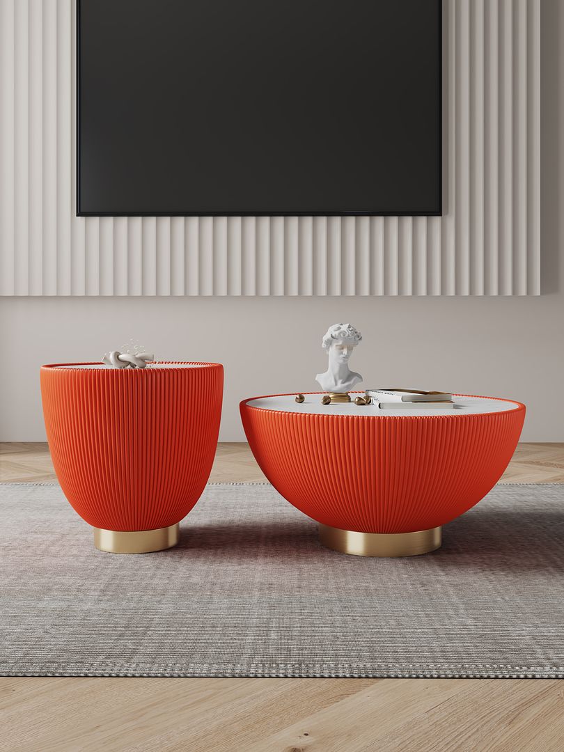 Manhattan Comfort Anderson 2-Piece Upholstered Coffee & End Table 2.0 In Orange Leatherette With Ceramic Faux Tabletop