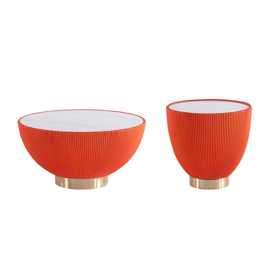 Manhattan Comfort Anderson 2-Piece Upholstered Coffee & End Table 2.0 In Orange Leatherette With Ceramic Faux Tabletop