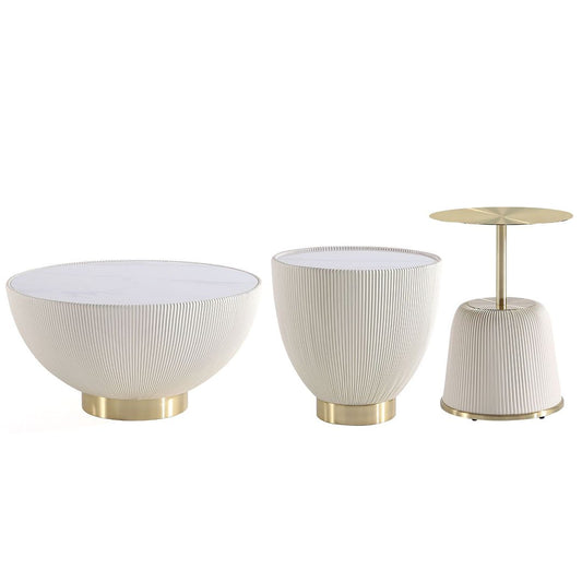 Manhattan Comfort Anderson 3-Piece Gold & Cream Upholstered Coffee Table & End Tables 1.0 & 2.0