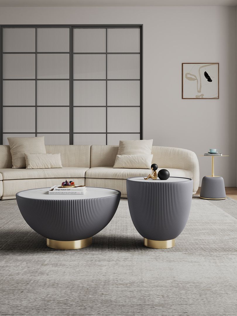 Manhattan Comfort Anderson 3-Piece Gold & Gray Upholstered Coffee Table & End Tables 1.0 & 2.0