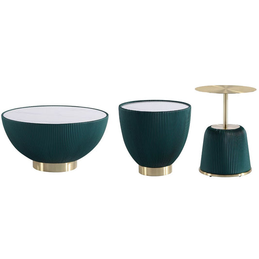 Manhattan Comfort Anderson 3-Piece Gold & Green Upholstered Coffee Table & End Tables 1.0 & 2.0