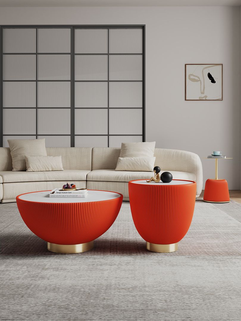 Manhattan Comfort Anderson 3-Piece Gold & Orange Upholstered Coffee Table & End Tables 1.0 & 2.0