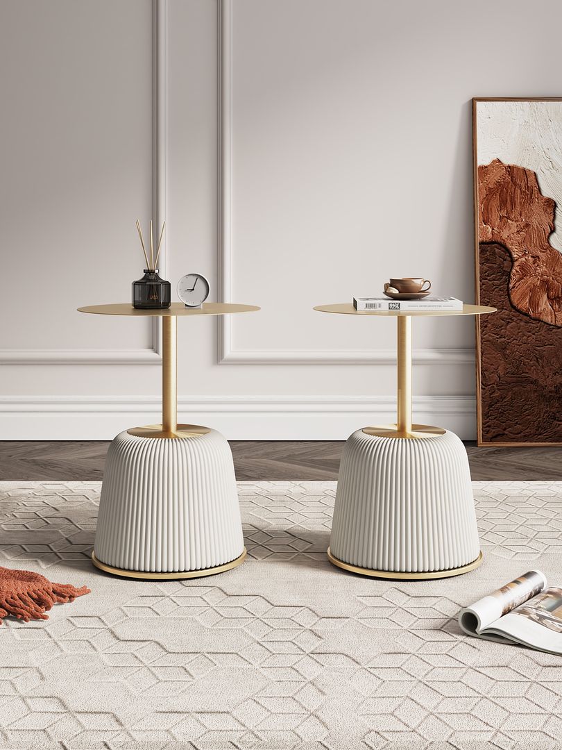 Manhattan Comfort Anderson Cream 2-Piece Upholstered 1.0 End Tables With Gold Tabletop