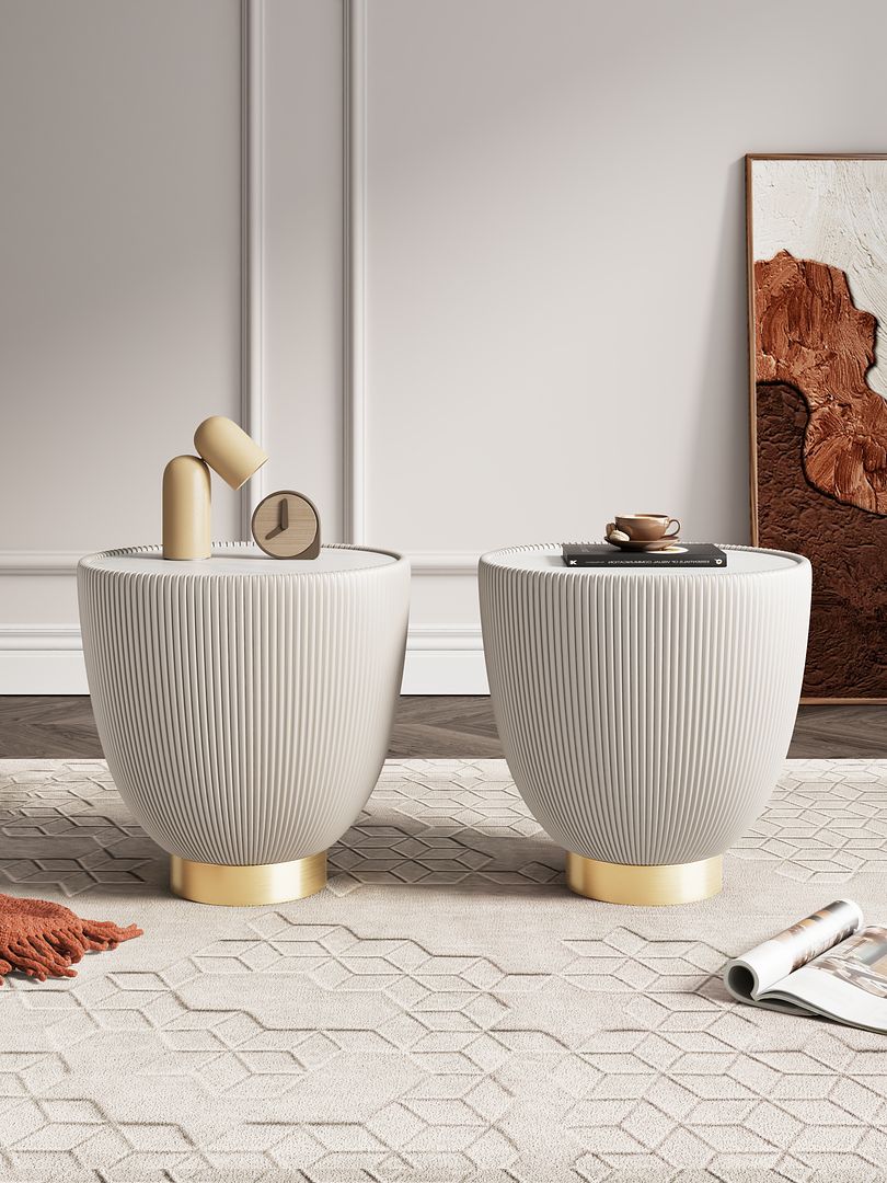 Manhattan Comfort Anderson Cream 2-Piece Upholstered 2.0 End Table With Ceramic Faux Marble Tabletop