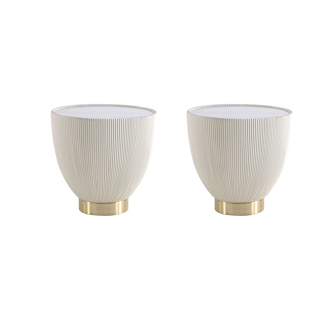 Manhattan Comfort Anderson Cream 2-Piece Upholstered 2.0 End Table With Ceramic Faux Marble Tabletop