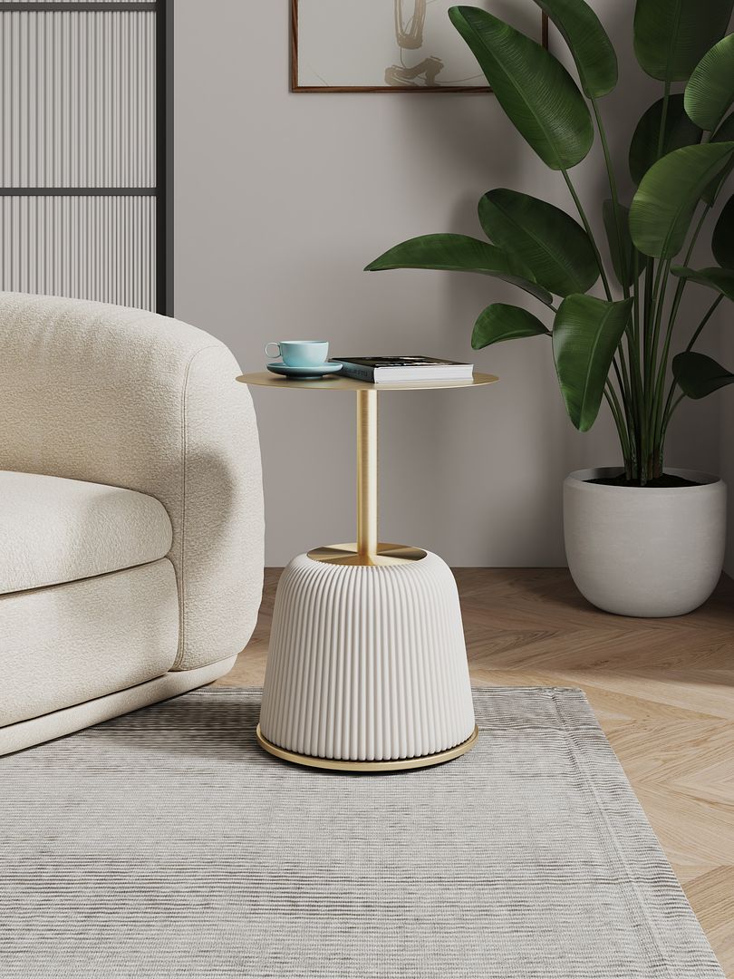 Manhattan Comfort Anderson Cream Upholstered 1.0 End Table With Gold Tabletop