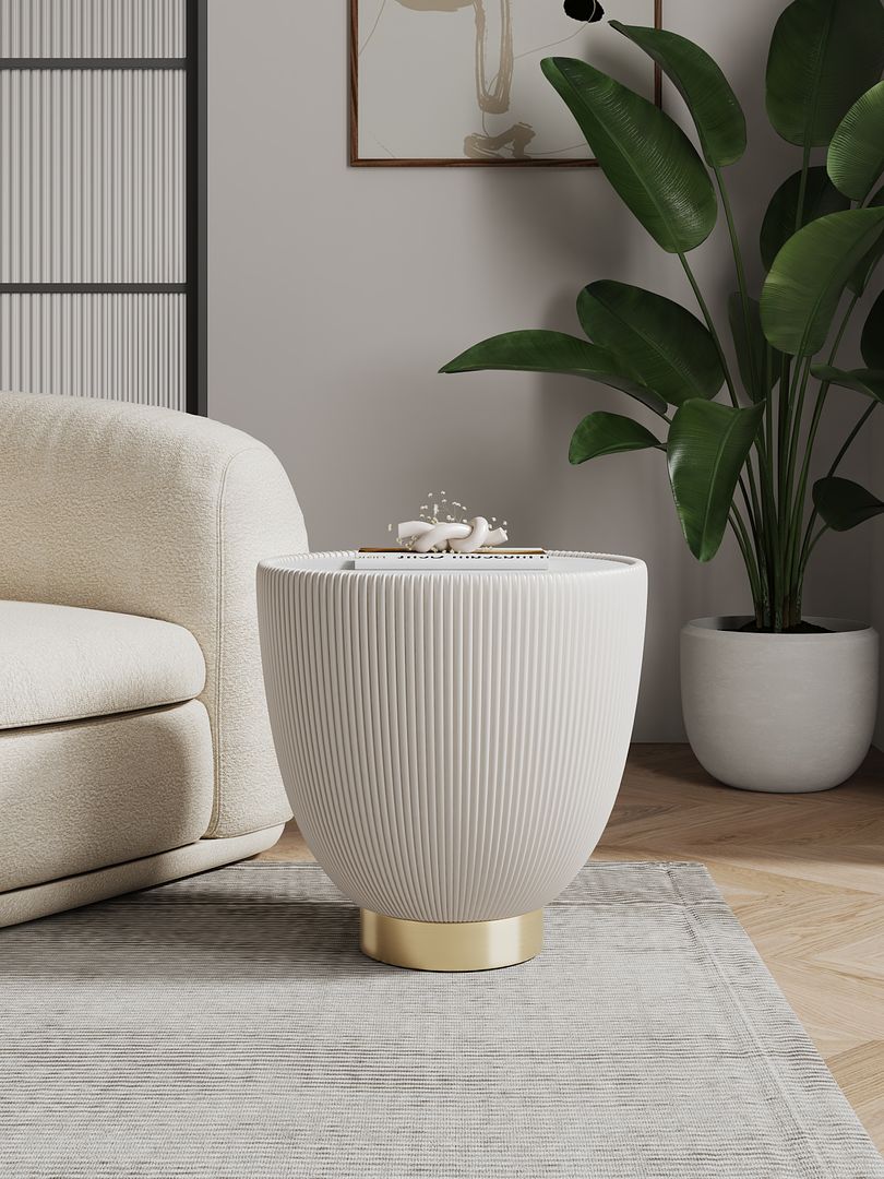 Manhattan Comfort Anderson Cream Upholstered 2.0 End Table With Ceramic Faux Marble Tabletop