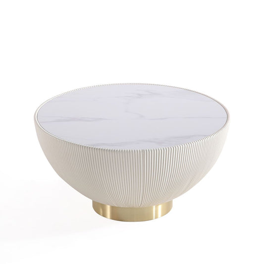 Manhattan Comfort Anderson Cream Upholstered Coffee Table With Ceramic Faux Marble Tabletop