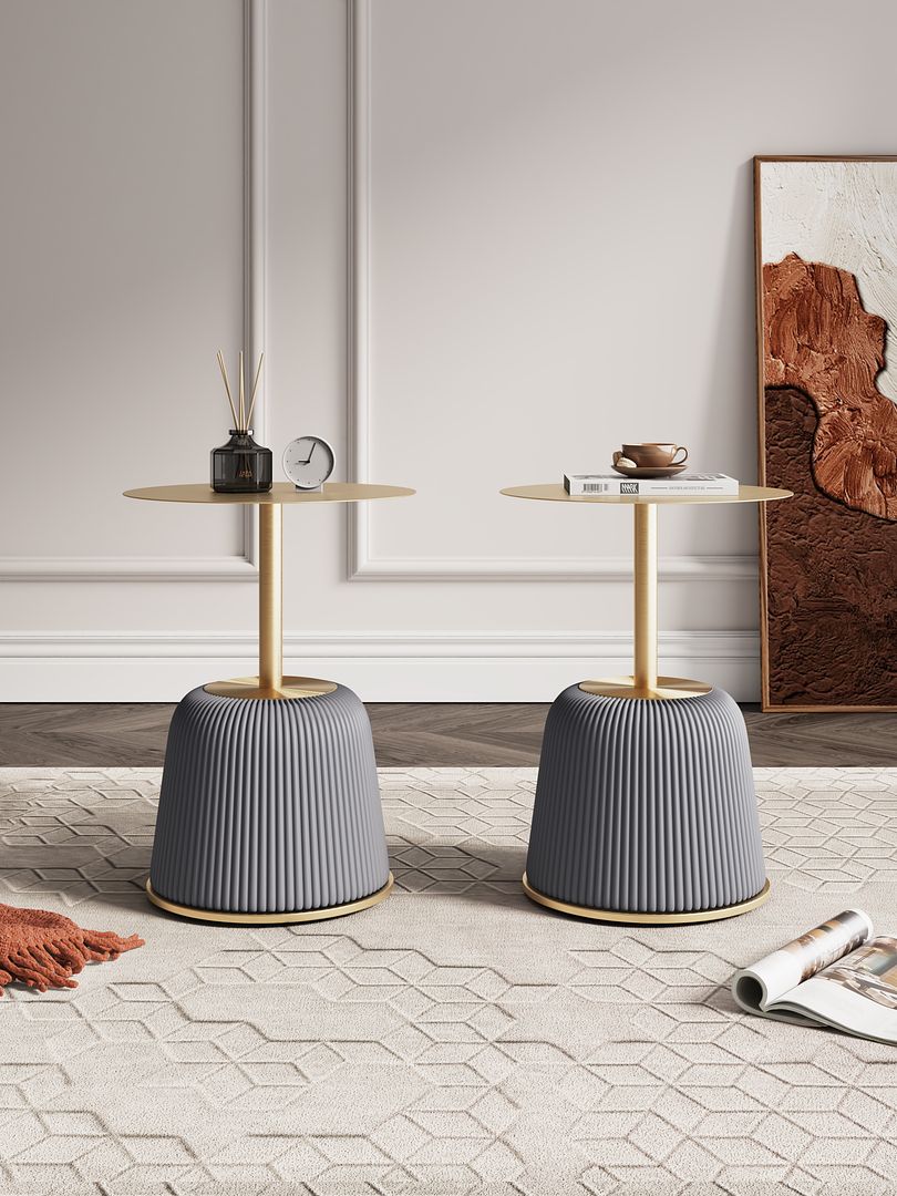 Manhattan Comfort Anderson Gray 2-Piece Upholstered 1.0 End Tables With Gold Tabletop