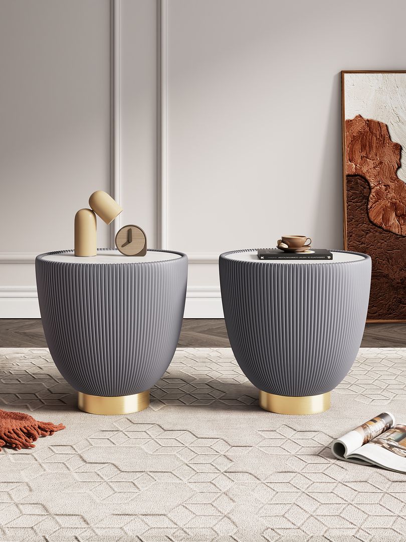 Manhattan Comfort Anderson Gray 2-Piece Upholstered 2.0 End Tables With Ceramic Faux Marble Tabletop