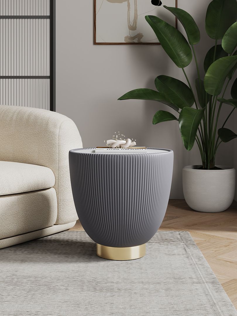Manhattan Comfort Anderson Gray 2-Piece Upholstered 2.0 End Tables With Ceramic Faux Marble Tabletop