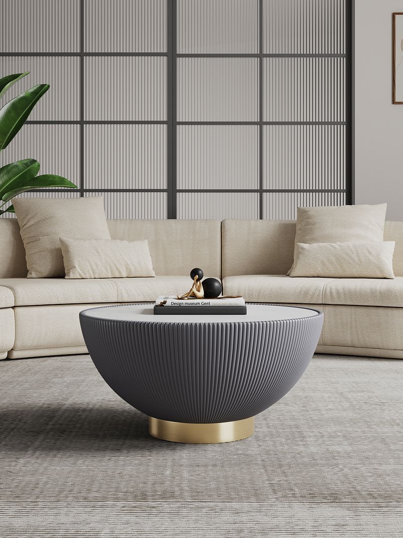 Manhattan Comfort Anderson Gray Upholstered Coffee Table With Ceramic Faux Marble Tabletop