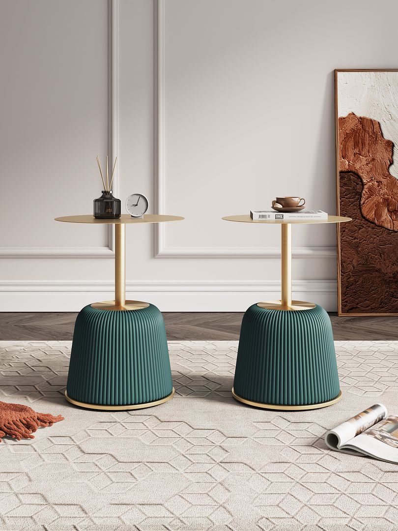 Manhattan Comfort Anderson Green 2-Piece Upholstered 1.0 End Tables With Gold Tabletop