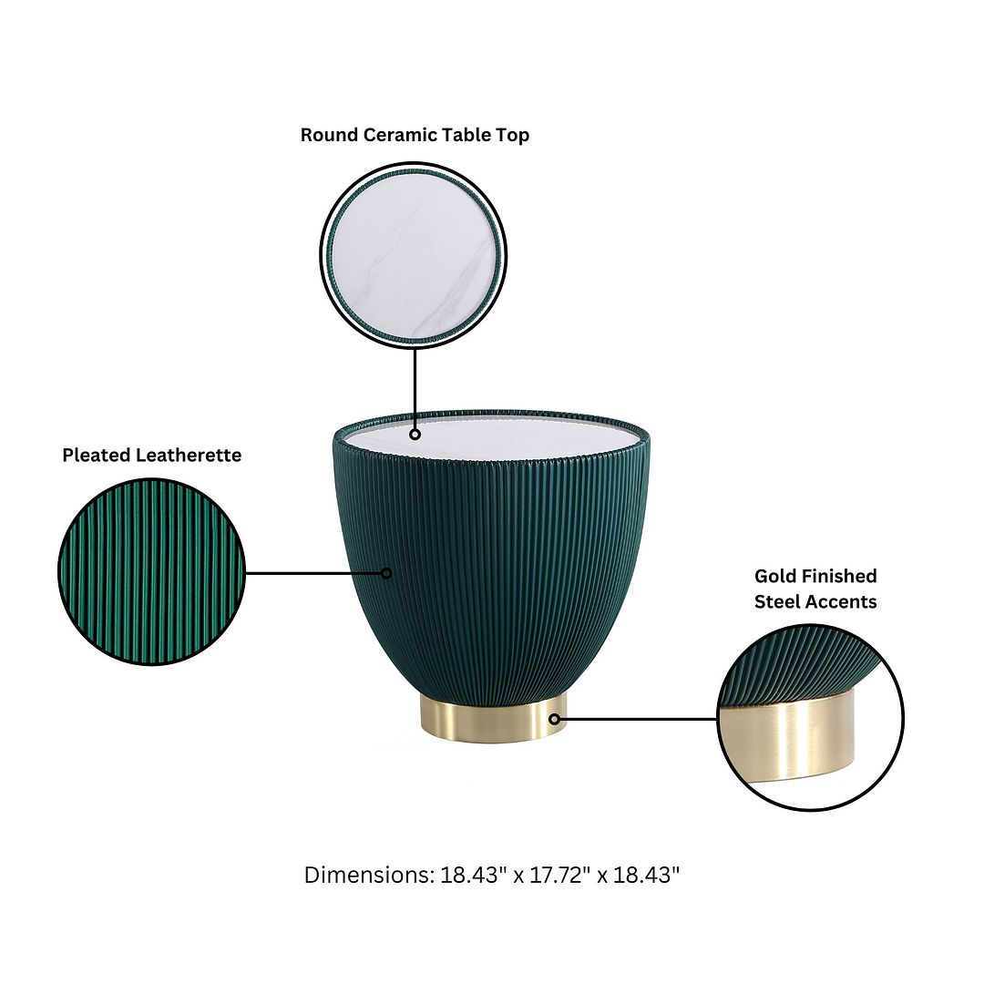 Manhattan Comfort Anderson Green 2-Piece Upholstered 2.0 End Table With Ceramic Faux Marble Tabletop